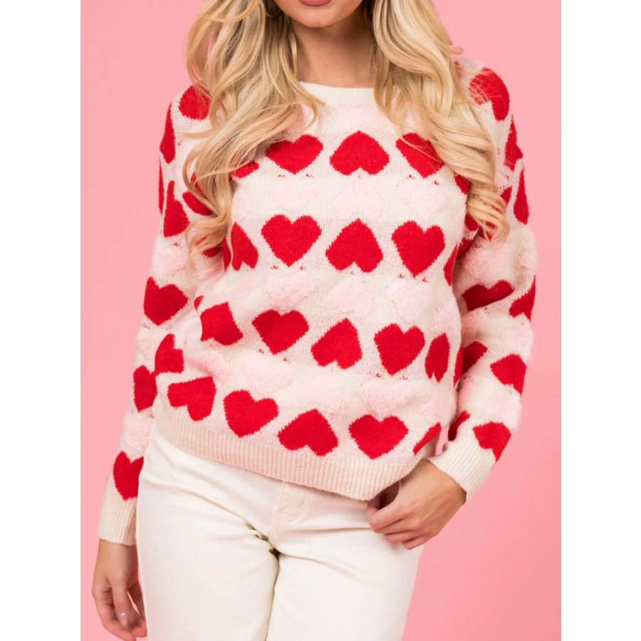 Valentine’s Day Fuzzy Heart Round Neck Long Sleeve Sweater Apparel and Accessories