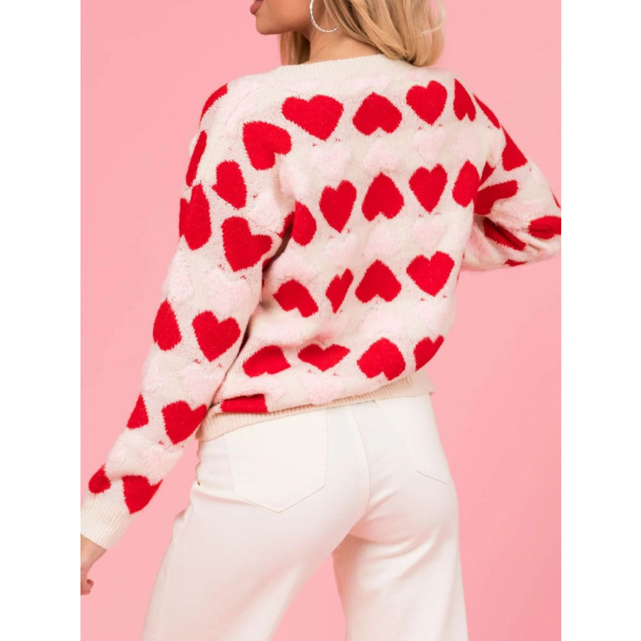 Valentine’s Day Fuzzy Heart Round Neck Long Sleeve Sweater Apparel and Accessories