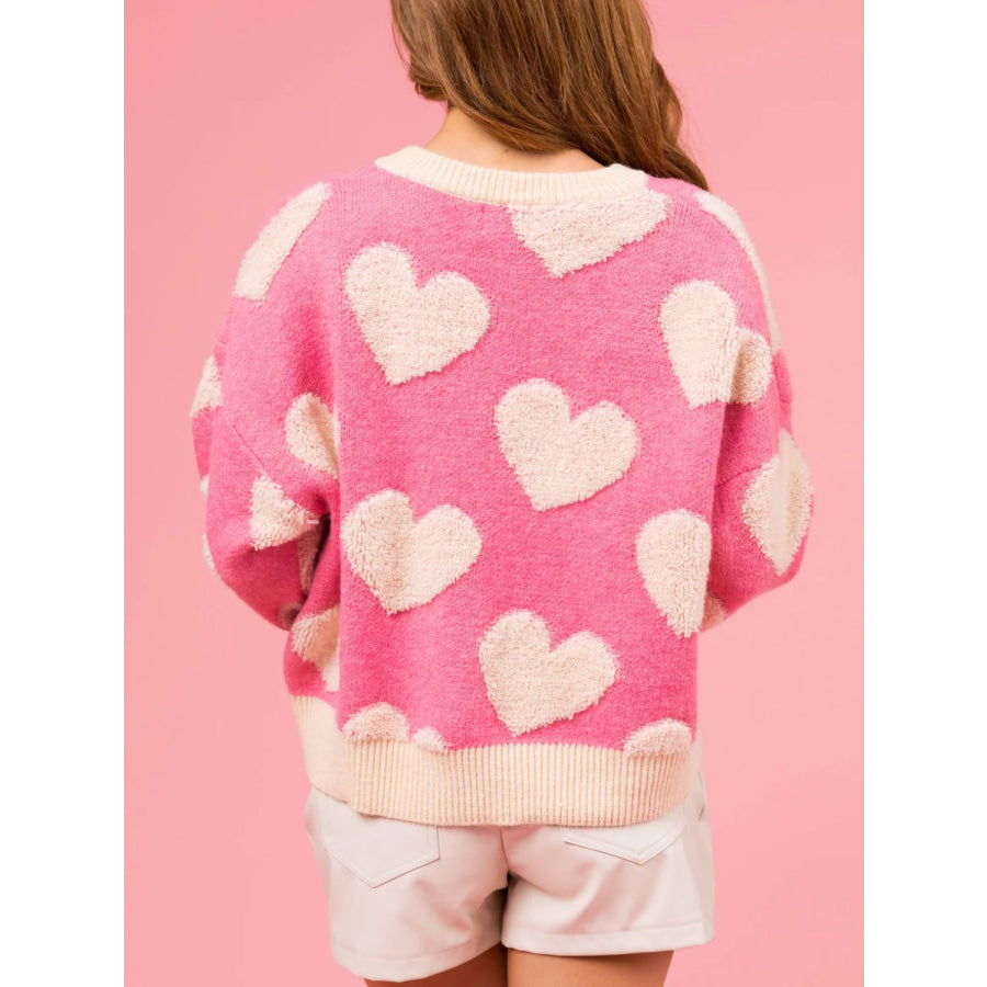 Valentine’s Day Fuzzy Heart Round Neck Long Sleeve Sweater Apparel and Accessories