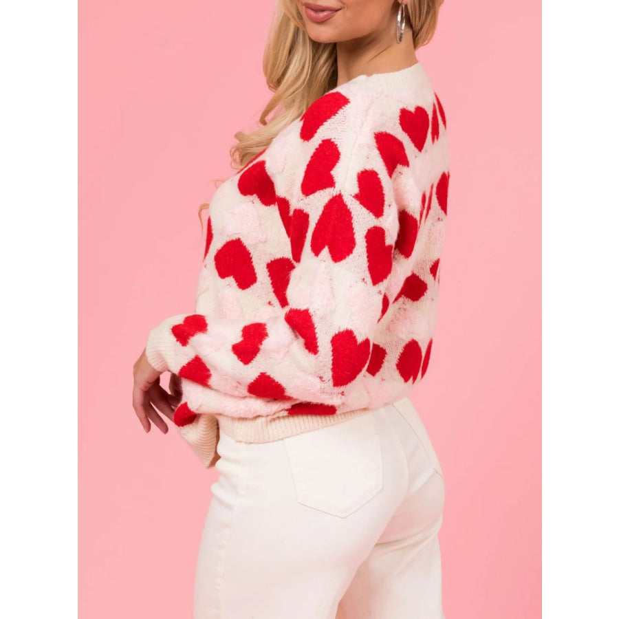 Valentine’s Day Fuzzy Heart Round Neck Long Sleeve Sweater Apparel and Accessories