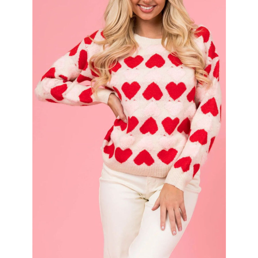 Valentine’s Day Fuzzy Heart Round Neck Long Sleeve Sweater Apparel and Accessories