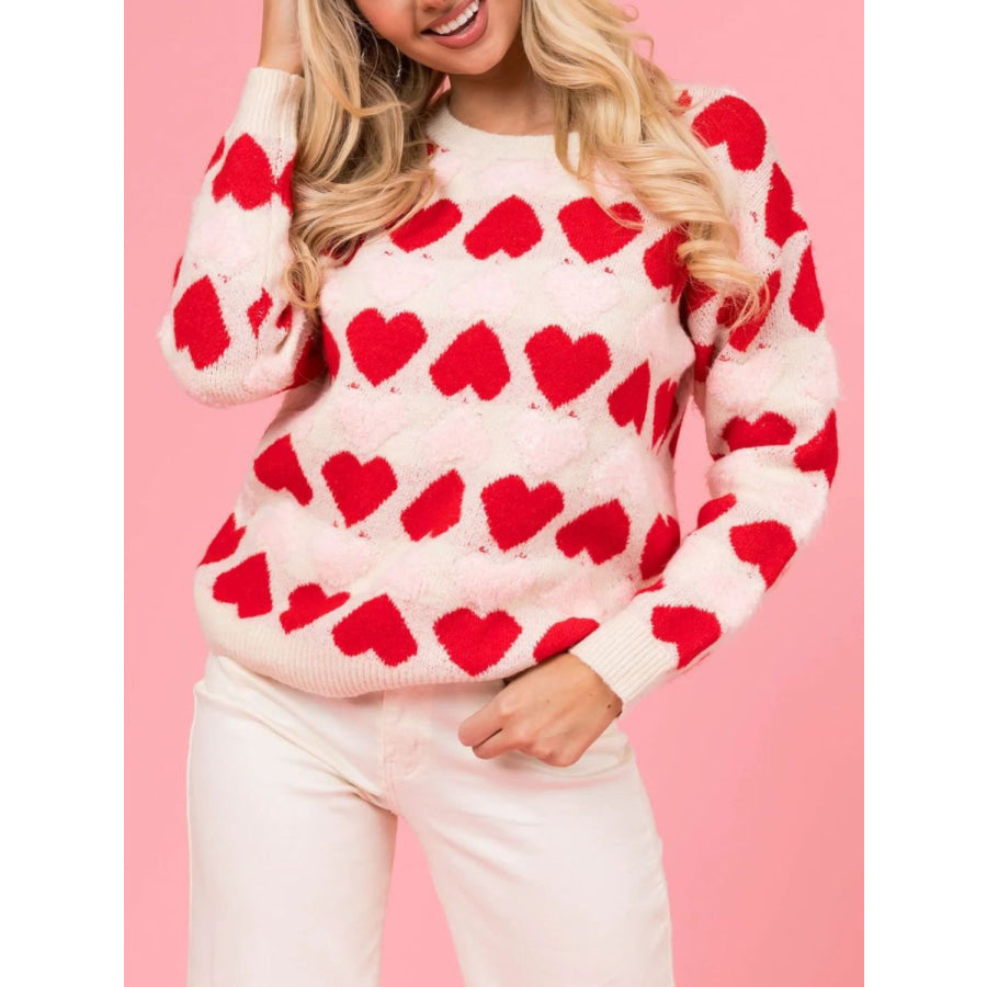 Valentine’s Day Fuzzy Heart Round Neck Long Sleeve Sweater Apparel and Accessories