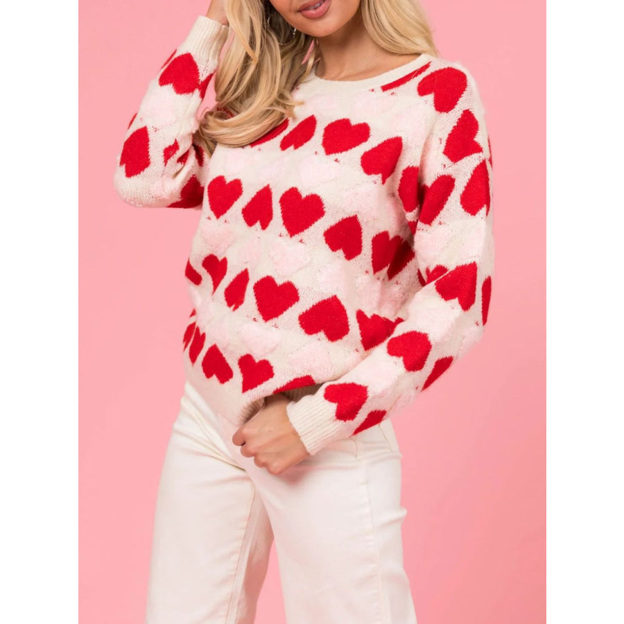 Valentine’s Day Fuzzy Heart Round Neck Long Sleeve Sweater Deep Red / S Apparel and Accessories