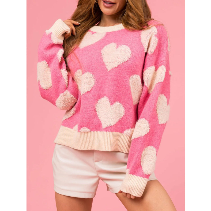 Valentine’s Day Fuzzy Heart Round Neck Long Sleeve Sweater Pink / S Apparel and Accessories