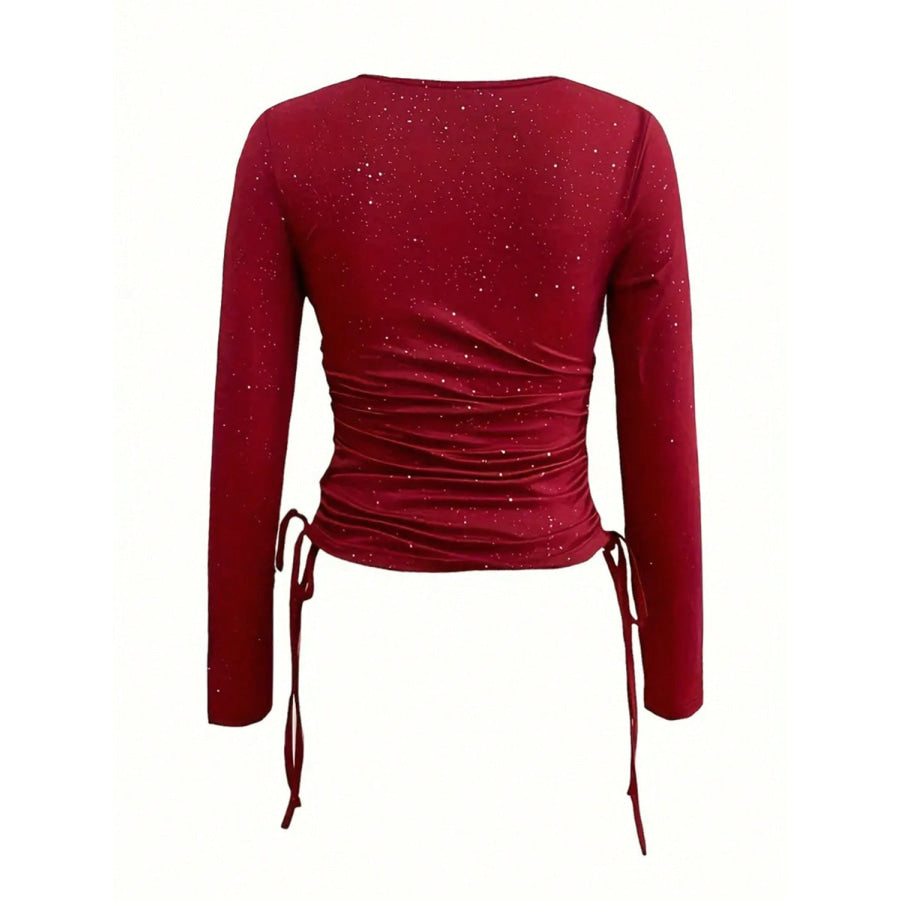 Valentine’s Day Glitter Drawstring Surplice Long Sleeve Blouse Apparel and Accessories