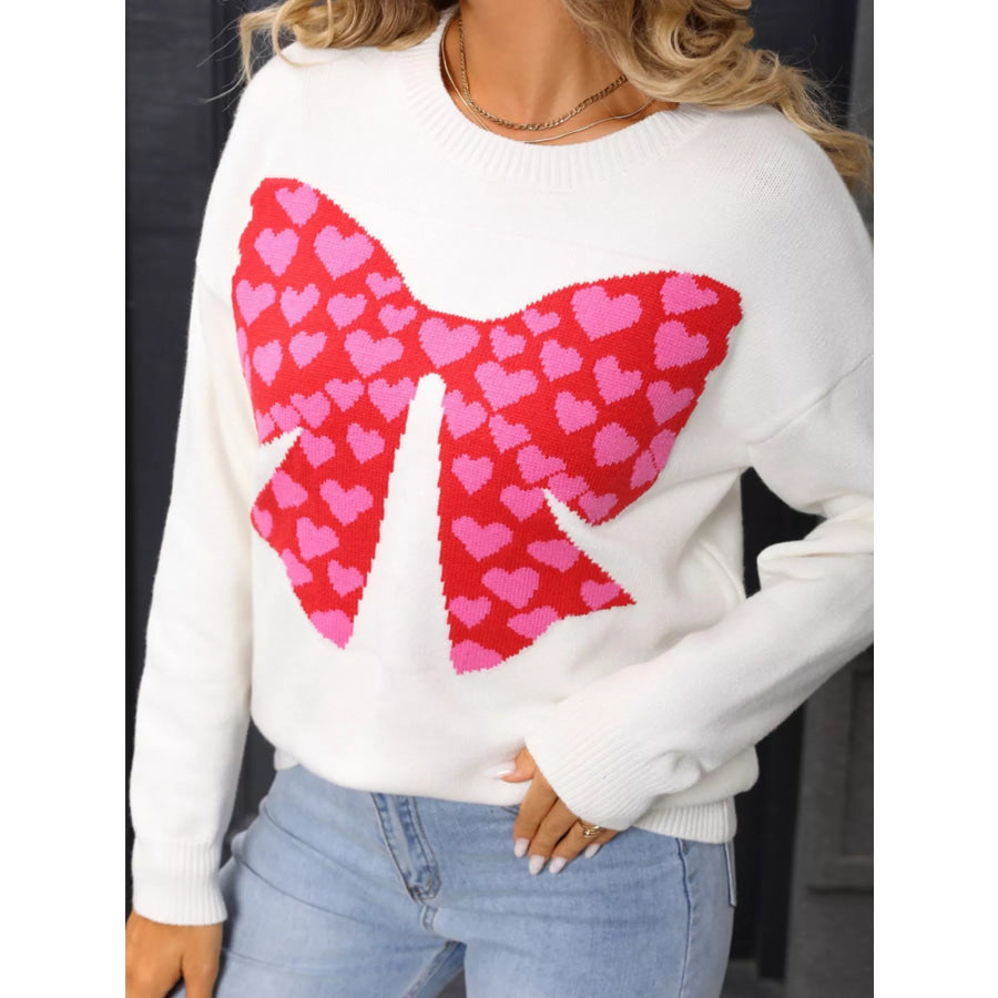 Valentine’s Day Heart Bow Round Neck Sweater Apparel and Accessories