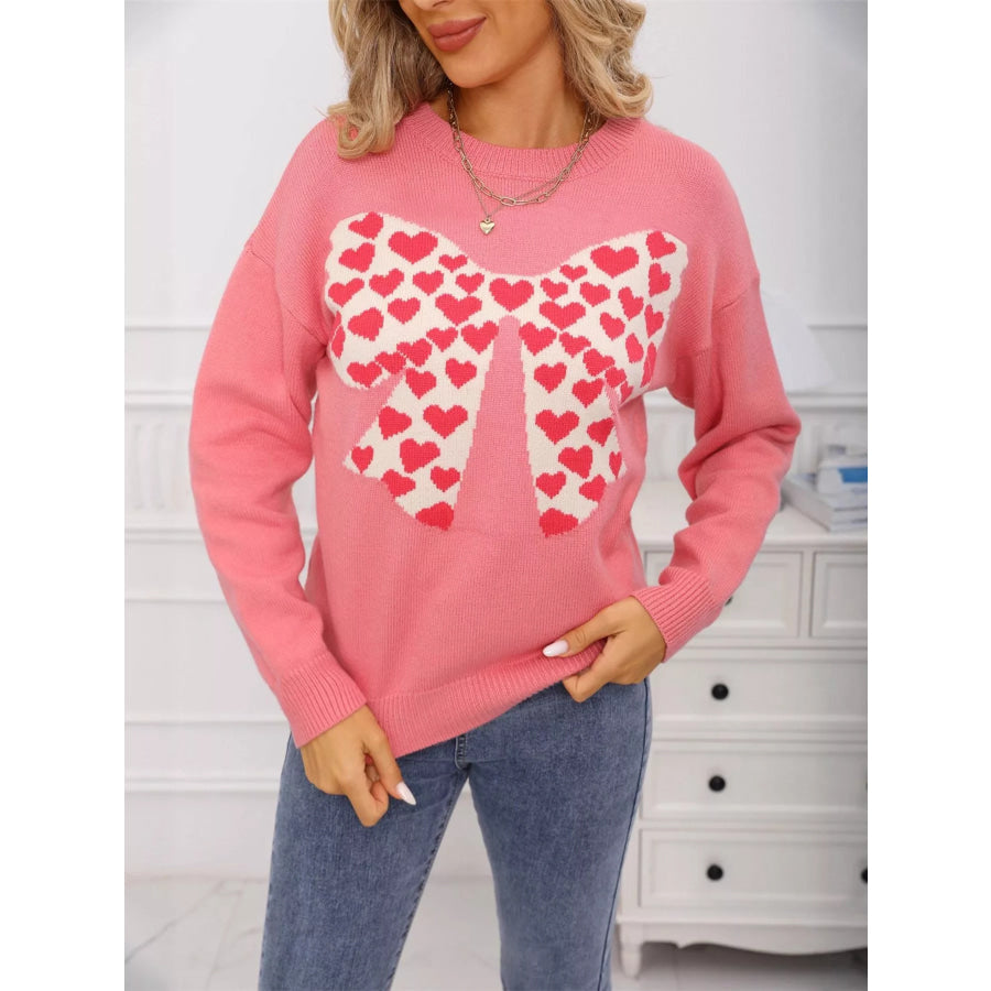 Valentine’s Day Heart Bow Round Neck Sweater Apparel and Accessories