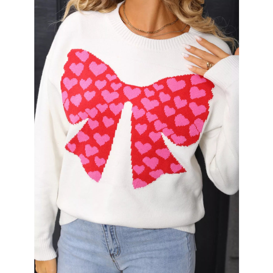 Valentine’s Day Heart Bow Round Neck Sweater Apparel and Accessories