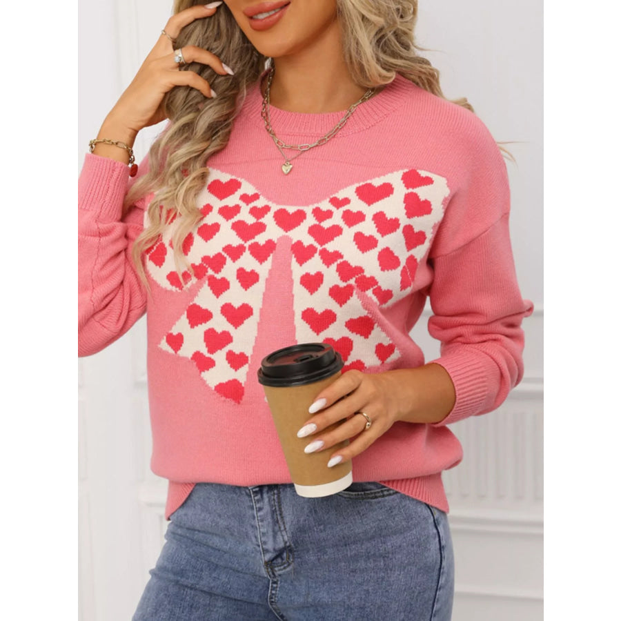 Valentine’s Day Heart Bow Round Neck Sweater Apparel and Accessories