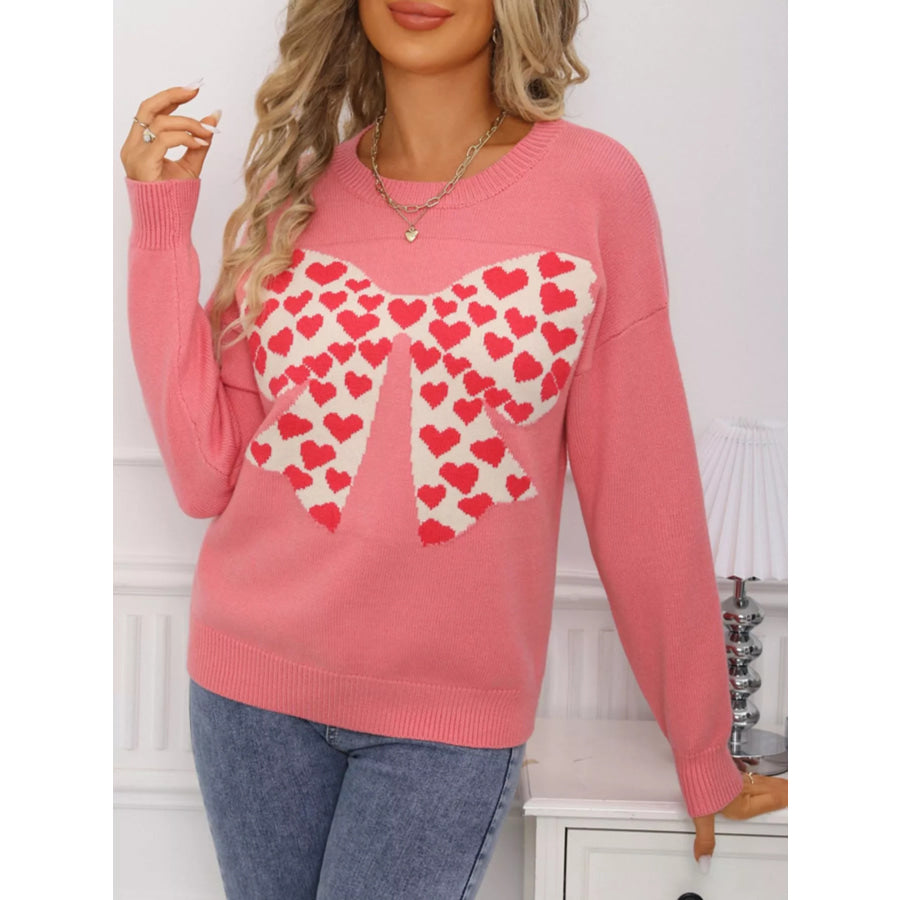 Valentine’s Day Heart Bow Round Neck Sweater Apparel and Accessories