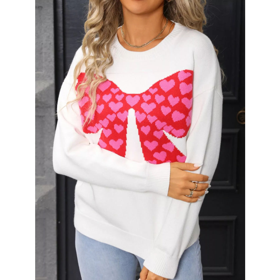 Valentine’s Day Heart Bow Round Neck Sweater Apparel and Accessories