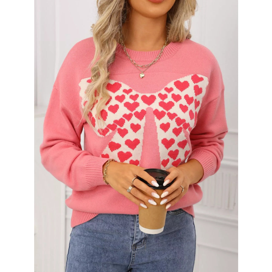 Valentine’s Day Heart Bow Round Neck Sweater Apparel and Accessories