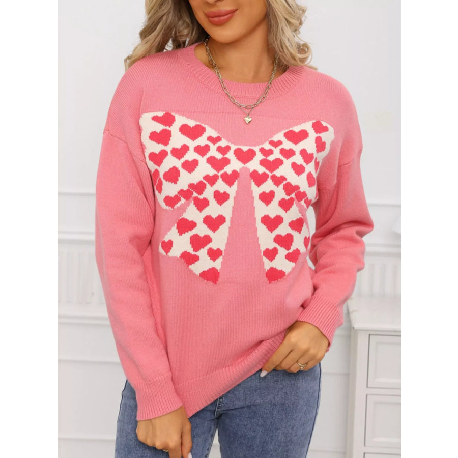 Valentine’s Day Heart Bow Round Neck Sweater Apparel and Accessories