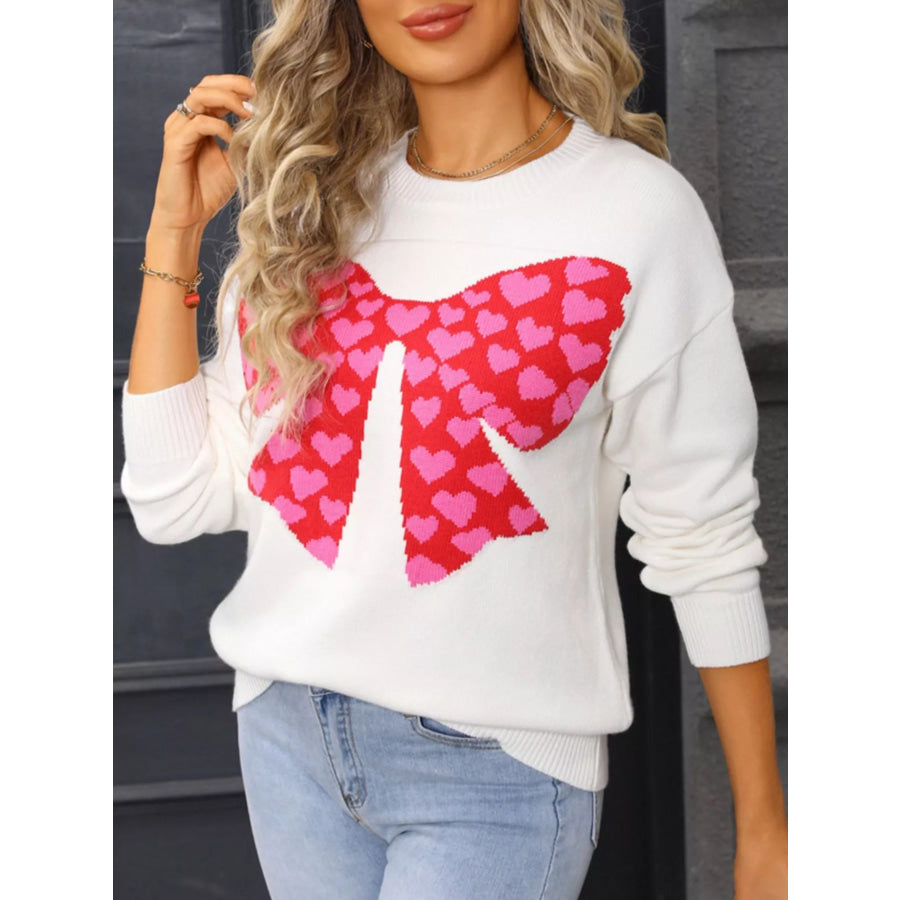 Valentine’s Day Heart Bow Round Neck Sweater Apparel and Accessories
