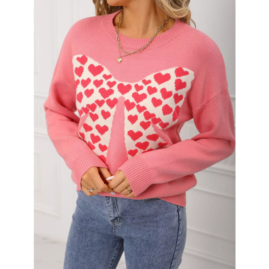 Valentine’s Day Heart Bow Round Neck Sweater Pink / S Apparel and Accessories