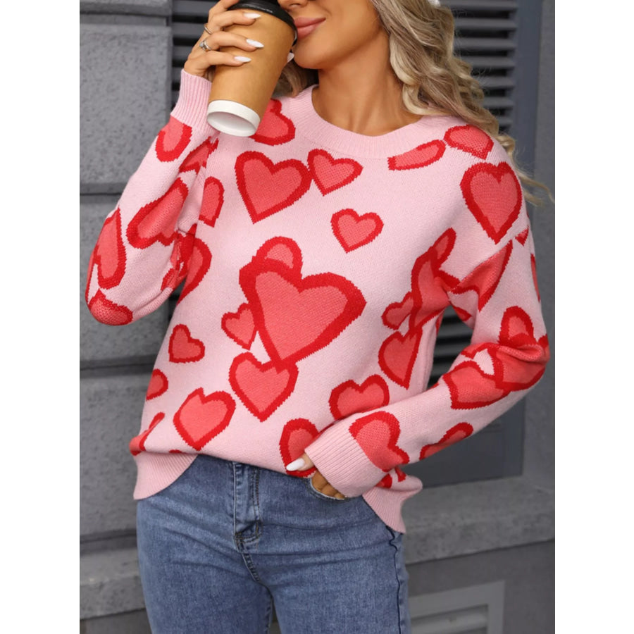 Valentine’s Day Heart Crew Neck Sweater Pink / S Apparel and Accessories