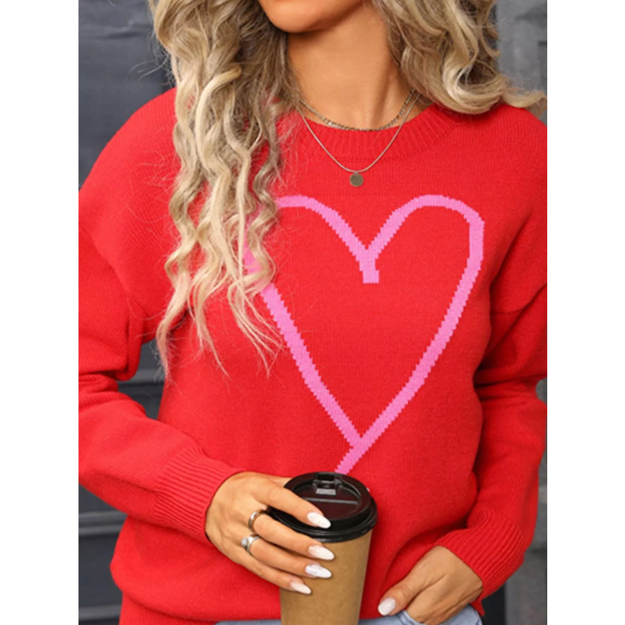 Valentine’s Day Heart Graphic Dropped Shoulder Sweater Apparel and Accessories