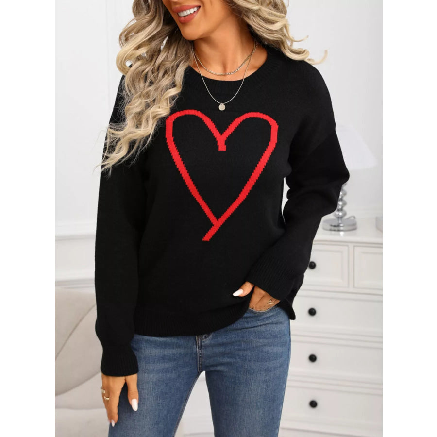 Valentine’s Day Heart Graphic Dropped Shoulder Sweater Black / S Apparel and Accessories