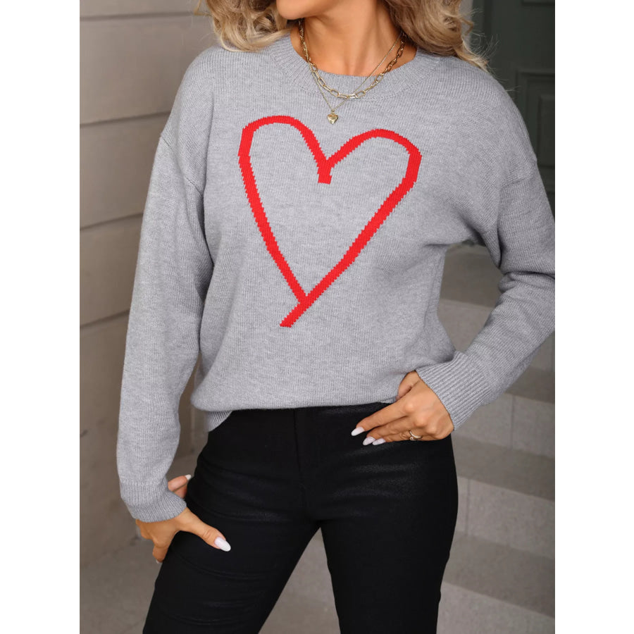 Valentine’s Day Heart Graphic Dropped Shoulder Sweater Grey / S Apparel and Accessories