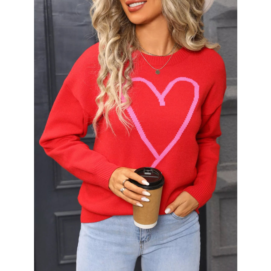 Valentine’s Day Heart Graphic Dropped Shoulder Sweater Red / S Apparel and Accessories