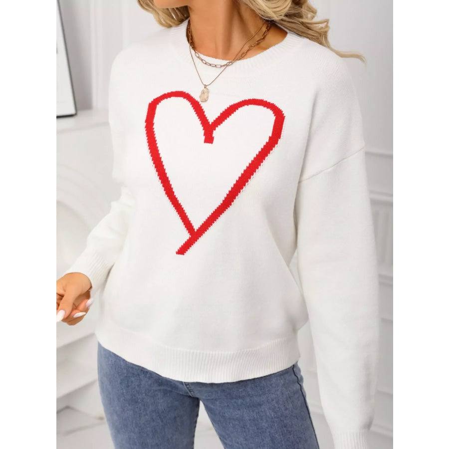 Valentine’s Day Heart Graphic Dropped Shoulder Sweater White / S Apparel and Accessories
