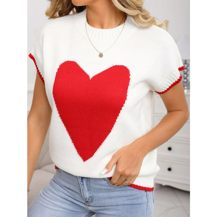 Valentine’s Day Heart Graphic Short Sleeve Sweater White / S Apparel and Accessories