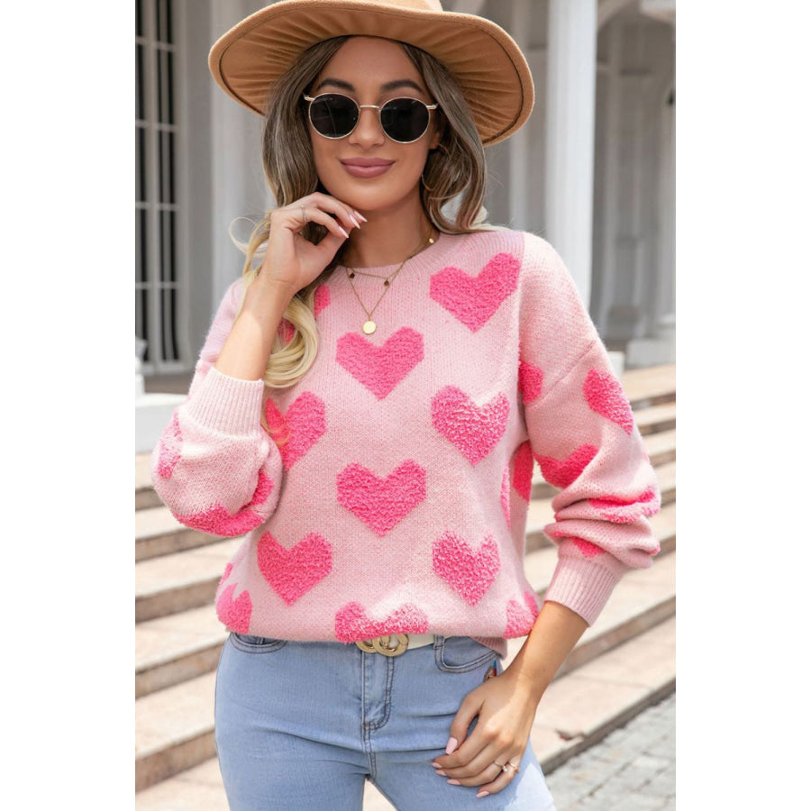 Valentine’s Day Heart Jacquard Round Neck Sweater Apparel and Accessories