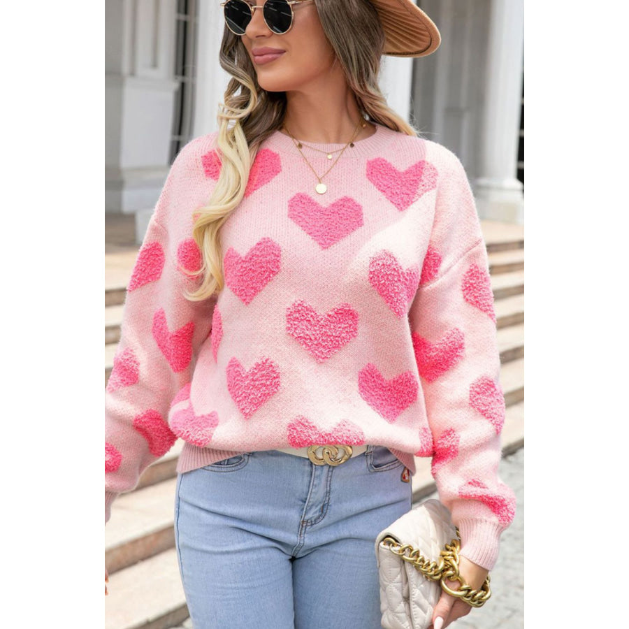 Valentine’s Day Heart Jacquard Round Neck Sweater Apparel and Accessories