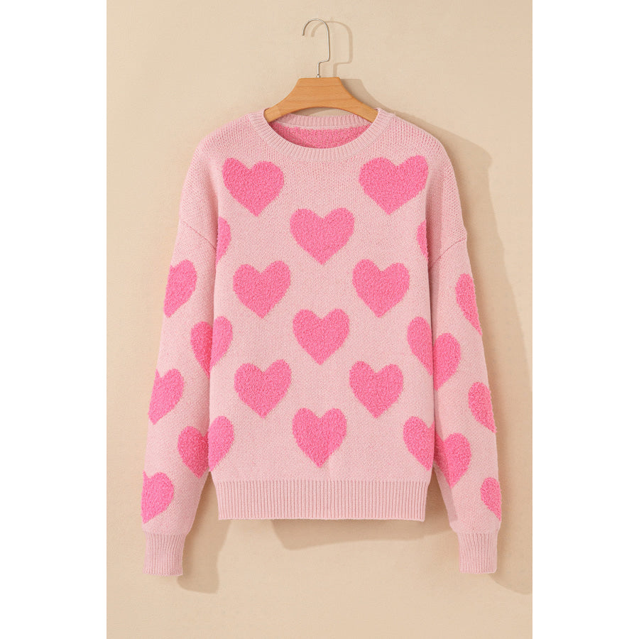 Valentine’s Day Heart Jacquard Round Neck Sweater Apparel and Accessories