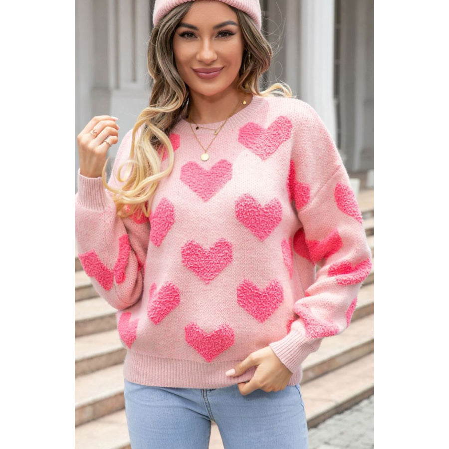 Valentine’s Day Heart Jacquard Round Neck Sweater Apparel and Accessories