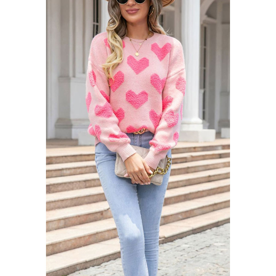 Valentine’s Day Heart Jacquard Round Neck Sweater Apparel and Accessories