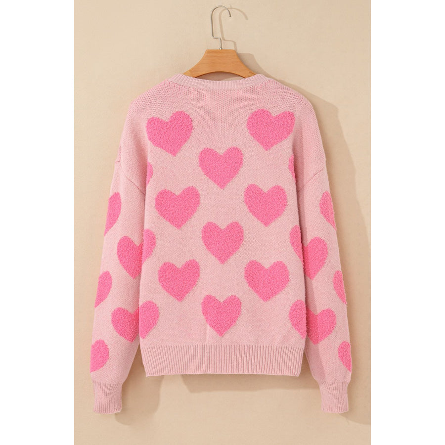 Valentine’s Day Heart Jacquard Round Neck Sweater Apparel and Accessories