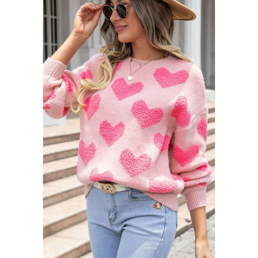 Valentine’s Day Heart Jacquard Round Neck Sweater Blush Pink / S Apparel and Accessories