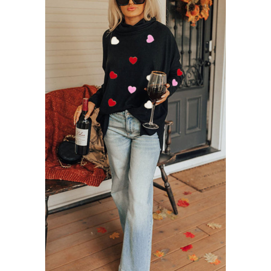 Valentine’s Day Heart Patched Turtleneck Long Sleeve Top Apparel and Accessories