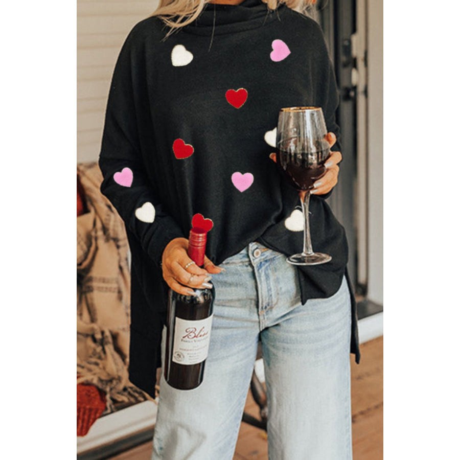 Valentine’s Day Heart Patched Turtleneck Long Sleeve Top Black / S Apparel and Accessories