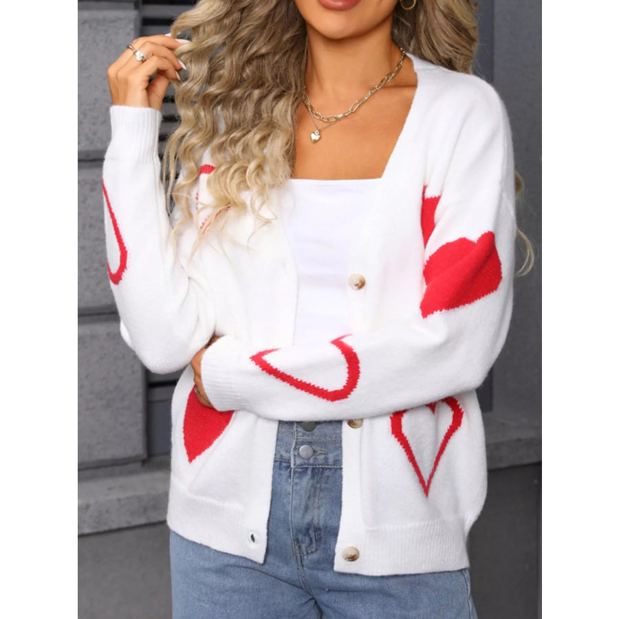 Valentine’s Day Heart Pattern Button-Up Knit Cardigan Apparel and Accessories