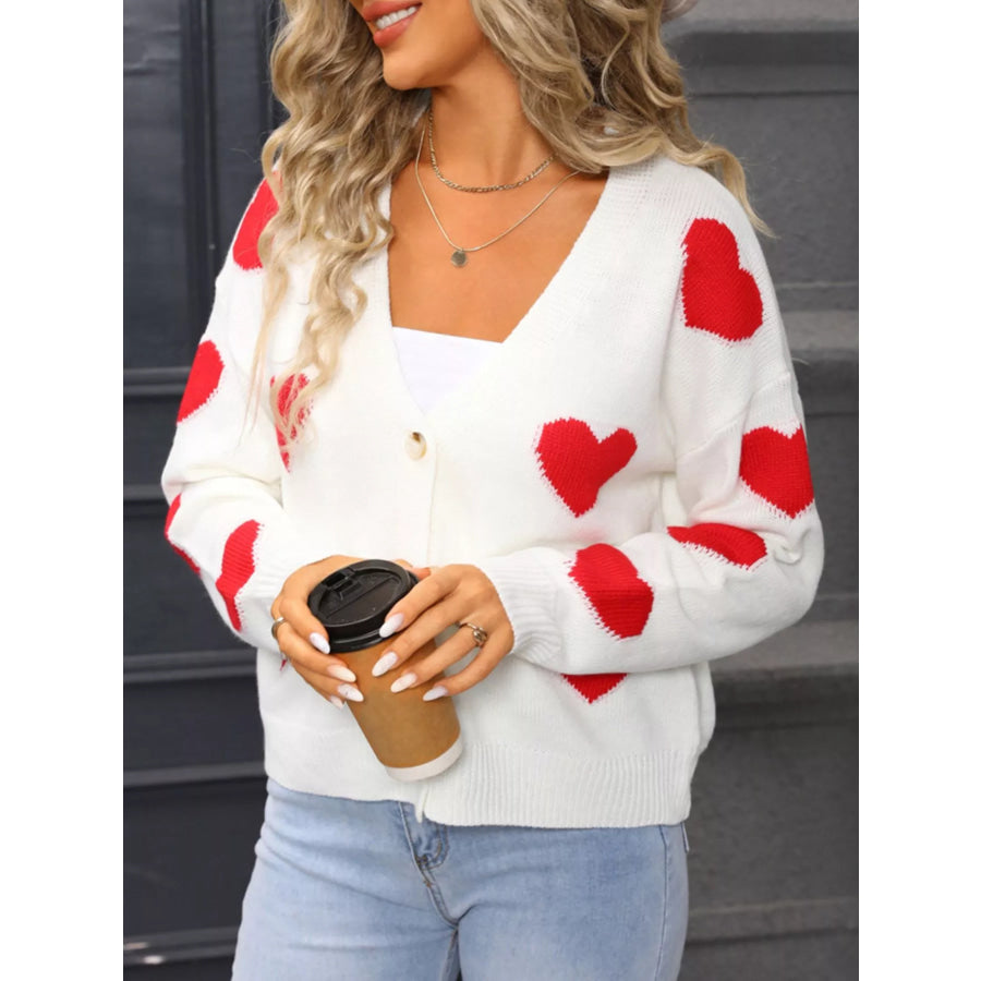 Valentine’s Day Heart Pattern Button-Up Knit Cardigan Apparel and Accessories