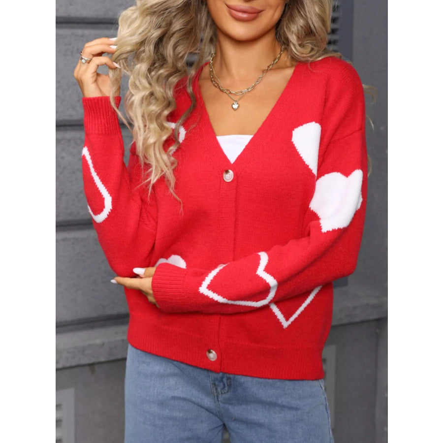 Valentine’s Day Heart Pattern Button-Up Knit Cardigan Apparel and Accessories