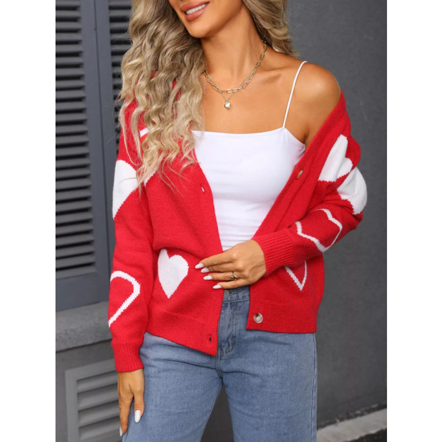 Valentine’s Day Heart Pattern Button-Up Knit Cardigan Apparel and Accessories