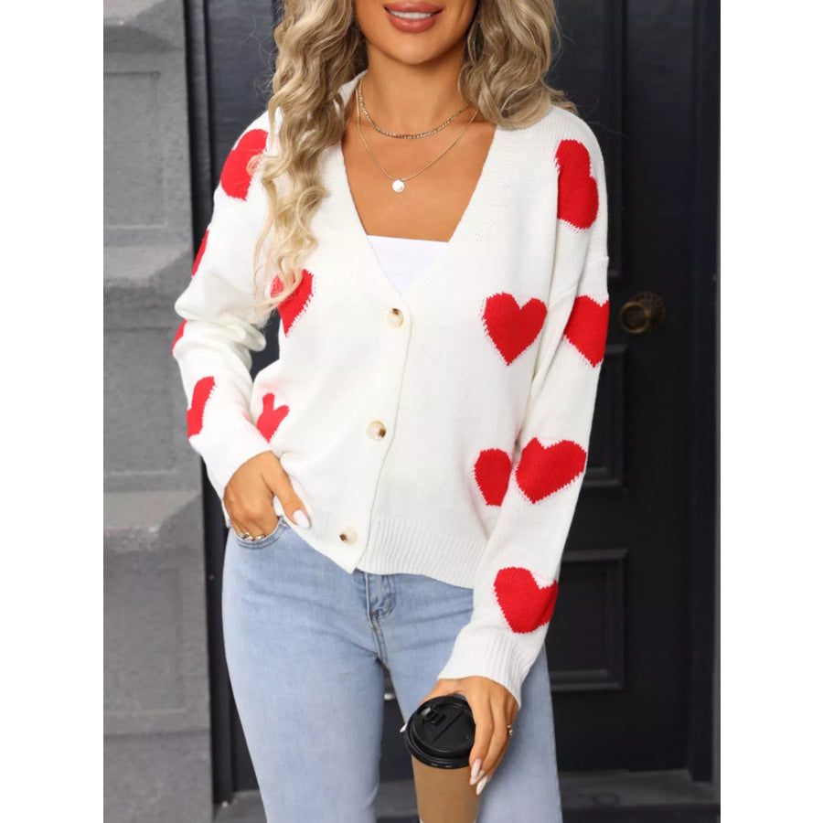 Valentine’s Day Heart Pattern Button-Up Knit Cardigan Apparel and Accessories