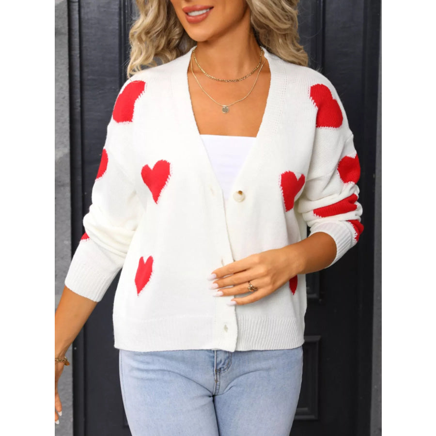Valentine’s Day Heart Pattern Button-Up Knit Cardigan Apparel and Accessories