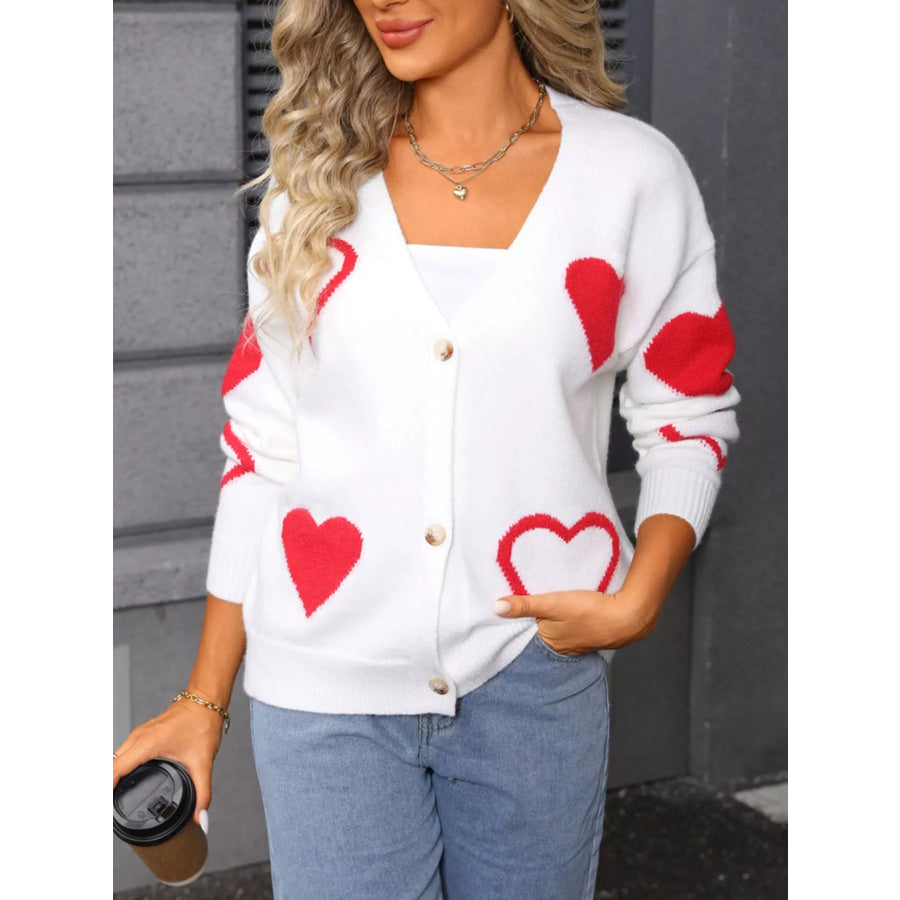 Valentine’s Day Heart Pattern Button-Up Knit Cardigan Apparel and Accessories