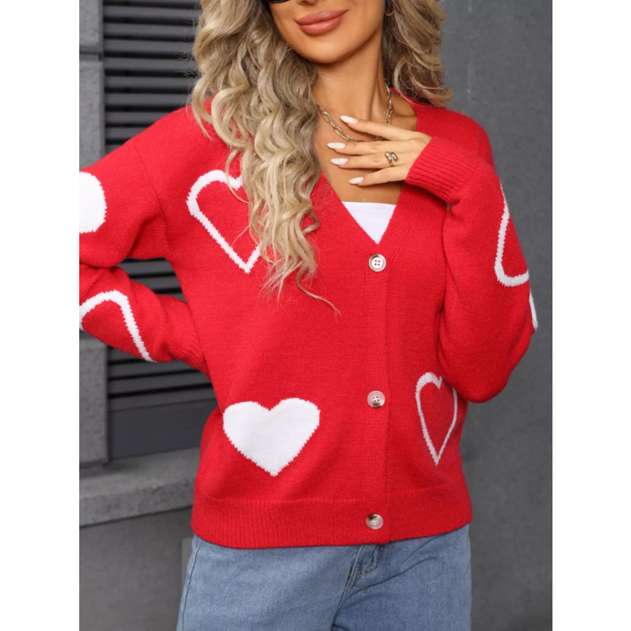 Valentine’s Day Heart Pattern Button-Up Knit Cardigan Red / S Apparel and Accessories