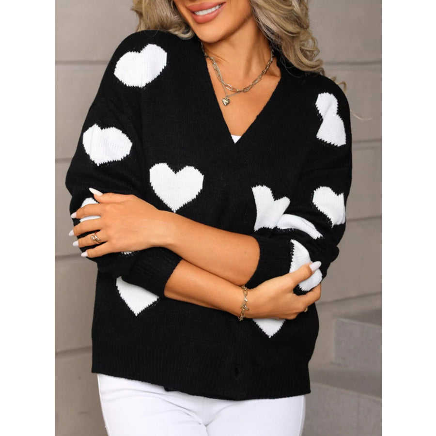 Valentine’s Day Heart Pattern Button-Up Knit Cardigan Apparel and Accessories