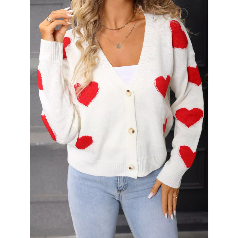 Valentine’s Day Heart Pattern Button-Up Knit Cardigan Apparel and Accessories