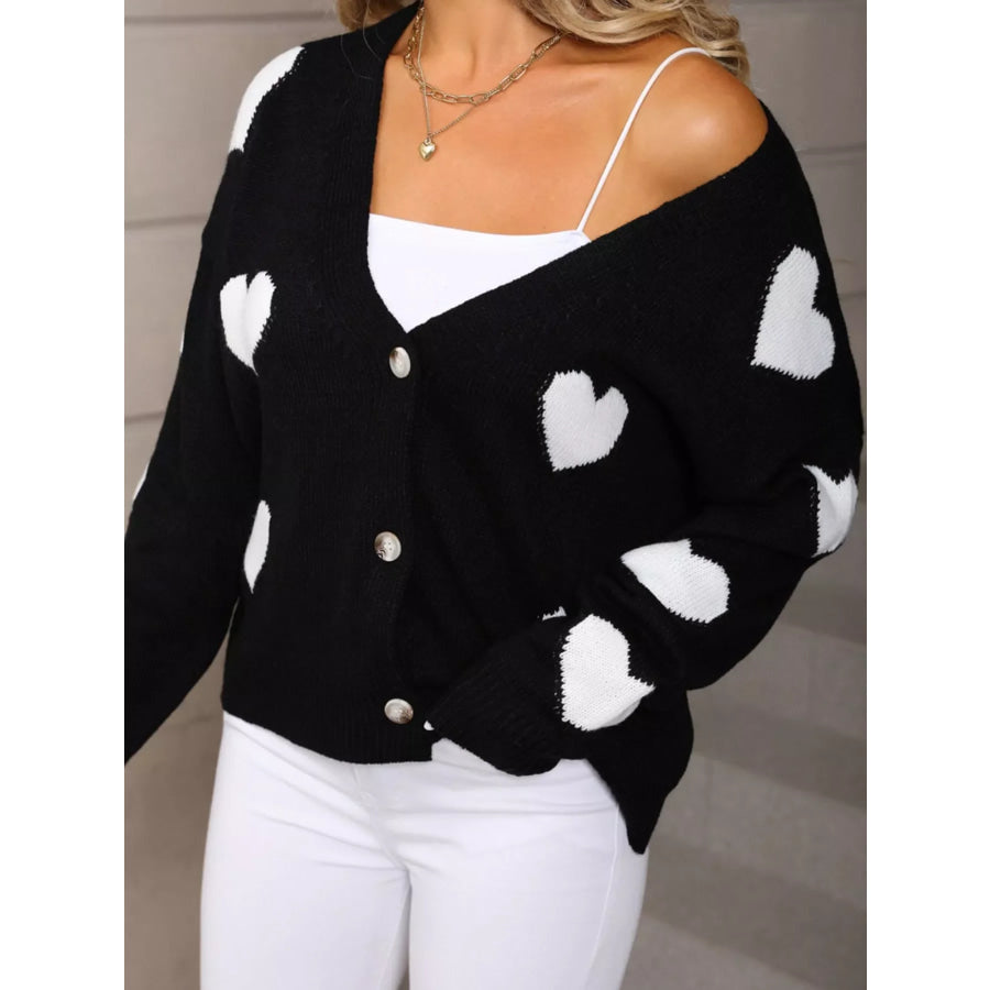 Valentine’s Day Heart Pattern Button-Up Knit Cardigan Black / S Apparel and Accessories