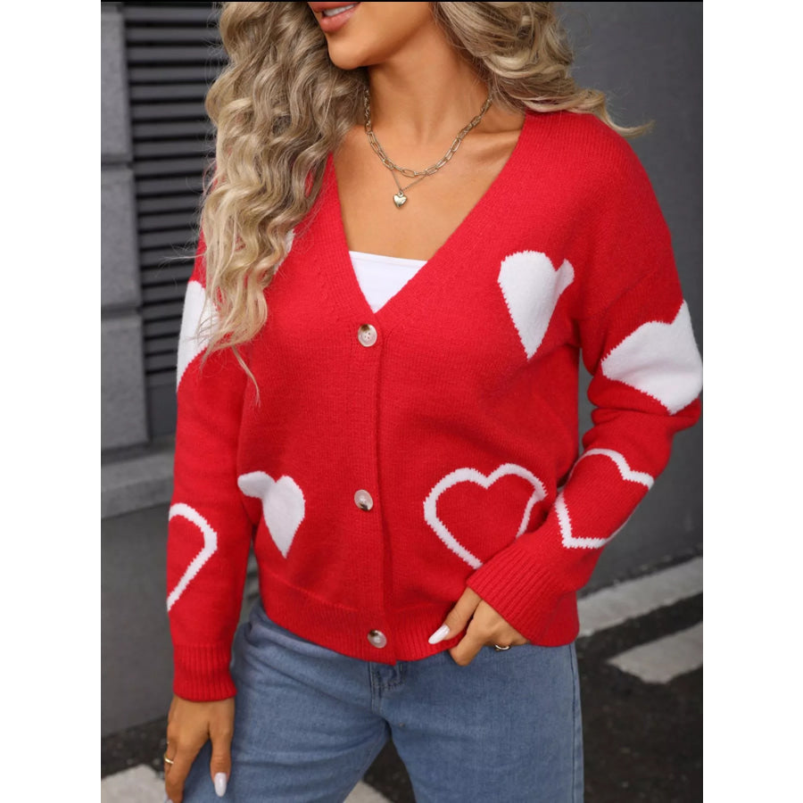 Valentine’s Day Heart Pattern Button-Up Knit Cardigan Red / S Apparel and Accessories