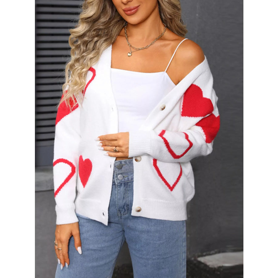 Valentine’s Day Heart Pattern Button-Up Knit Cardigan White / S Apparel and Accessories