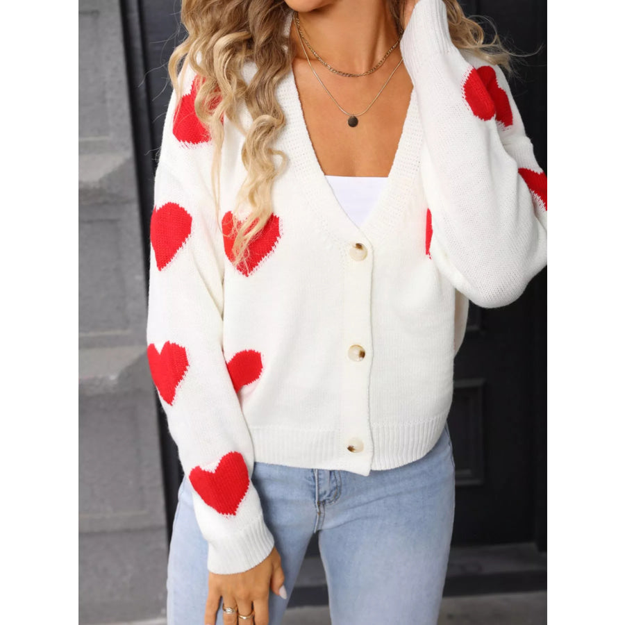 Valentine’s Day Heart Pattern Button-Up Knit Cardigan White / S Apparel and Accessories