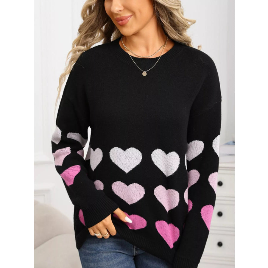 Valentine’s Day Heart Pattern Crew Neck Sweater Black / S Apparel and Accessories